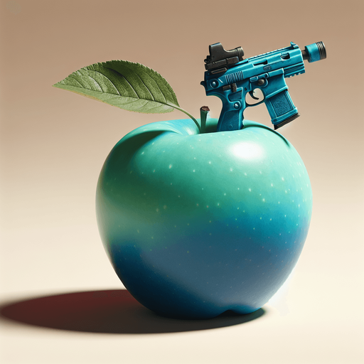 a blue apple with a gun.
In-Game asset. Blank background. High contrast.