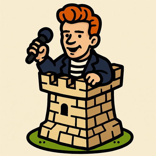 "Rickroller": A RickAstley tower holding a mic.
In-Game asset.  2d.  High contrast.  No shadows