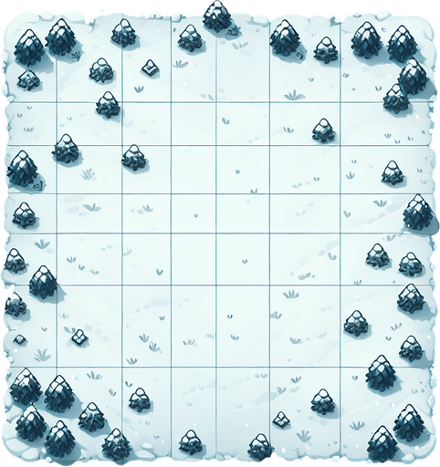 Top down snowy field with some scattered tries. Single Game Texture. In-Game asset. 2d. Blank background. High contrast. No shadows.