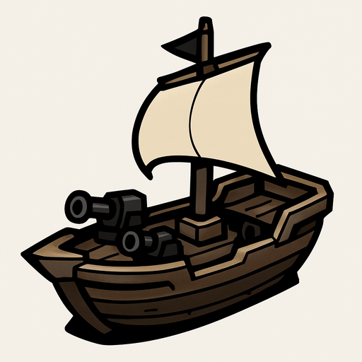 The small warship is fast and agile, designed for quick attacks and evading enemy fire. It has light armor and carries a few small cannons. Its compact size makes it harder to hit but less durable..
In-Game asset.  2d.  High contrast.  No shadows