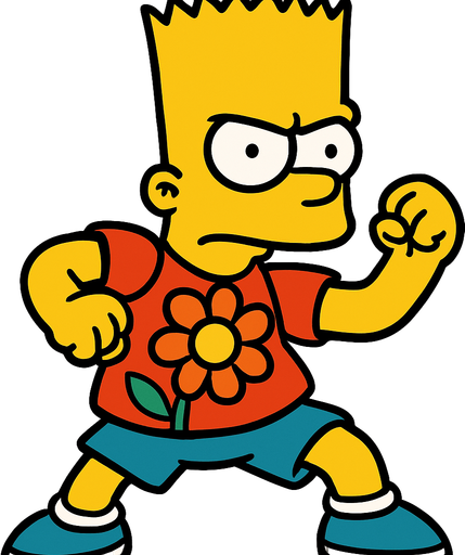 Bart in a fighting pose with a flower's head in his shirt.
In-Game asset.  2d.  High contrast.  No shadows