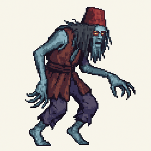 Create a pixel-art monster character inspired by Turkish folklore, specifically "Gulyabani" – a tall, lanky, ghostly creature with pale, bluish-gray skin, long tangled hair covering parts of its face, and glowing red eyes. It should wear torn Ottoman-style rags, with long sharp fingers and a hunched back. Its movement should look floaty and eerie. Style should match 2D retro horror games. Transparent background PNG, facing left side, idle stance..
In-Game asset.  2d.  High contrast.  No shadows
