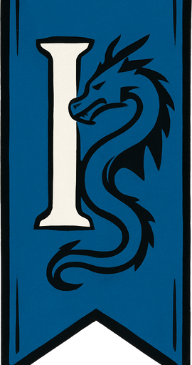 bandera larga con un simbolo de una i azul con un dragon al lado
e el diseño d ela i.
In-Game asset.  2d.  High contrast.  No shadows