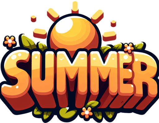 Create an SVG text design for "SUMMER" in bold cartoon style with chunky rounded letters. Add sun rays and small flower details in warm, vibrant colors.​​​​​​​​​​​​​​​​.
Single Game Texture. In-Game asset. 2d. Blank background. High contrast. No shadows.
