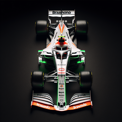 Photorealistic F1 race car without Halo safety device. Top view.
White body with neongreen nose. 
Black BrainGP text on body sides. 
Red "Cainon" text on front wings. 
Neongreen rear wing with Orange "BRAWNDO" text.