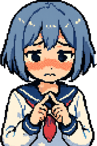 Stella is a sweet and very kawaii 15-year-old anime girl with short, soft blue-gray hair (HEX: #b0b9d8) and black eyes. She wears a traditional Japanese school uniform called a sailor fuku. Stella is extremely shy—she blushes easily, avoids eye contact, and often covers herself when she feels nervous. In this Pixel Art scene, she’s gently touching the tips of her index fingers together, a classic gesture of shyness seen in anime. Behind her is the courtyard of a Japanese middle school, completing the charming school setting..
In-Game asset.  2d.  High contrast.  No shadows