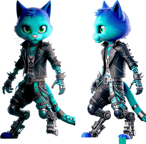 An anthropomorphic blue and green cat animatronic wearing rockstar attire.
Single Game Texture.  In-Game asset.  2d.  Blank background.  High contrast.  No shadows