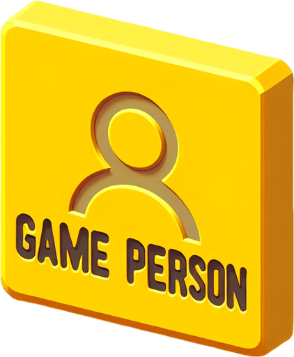 Cast plastic logo "game person" front view no perspective flat yellow, bevel simple..
Single Game Texture. In-Game asset. 2d. Blank background. High contrast. No shadows.