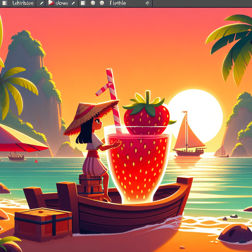 An idyllic llustration of a beach cove where a blnd girl in a strawhat i en joying an enormous strawberry drink on her sailing boat as the sun sets. Clean game art illustration style..
Single Game Texture. In-Game asset. 2d. Blank background. High contrast. No shadows.