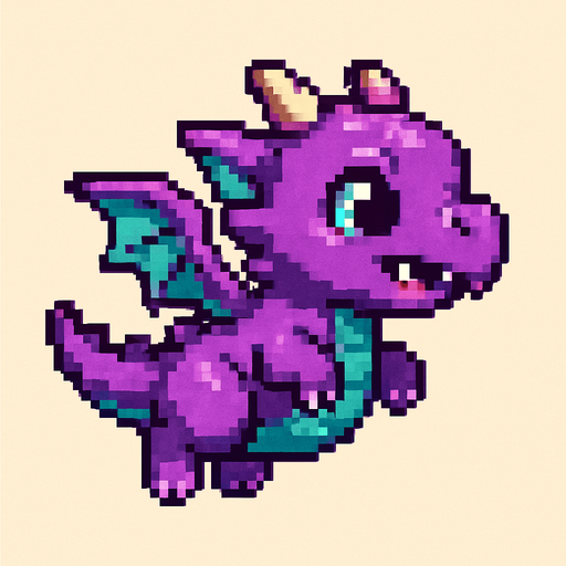 A pixel art baby dragon character designed for a 2D side-scrolling game, viewed from the side. The dragon has small wings, a chubby body, and a cute cartoonish face. It has small horns, a short tail, and colorful scales—shades of purple and teal. The dragon is in a flying pose, flapping its wings. Its eyes are big and expressive, and it has tiny fangs showing. The overall design is playful and fantasy-inspired, while still fitting a retro arcade pixel style..
In-Game asset.  2d.  High contrast.  No shadows. pixel art. side view. game character. baby dragon. cute. fantasy. retro style