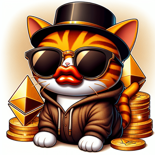 The character in the image now embodies the essence of wealth and sophistication, portrayed as a cartoon-style orange tabby cat with eye-catching stripes. Its round face boasts oversized, round, dark opaque sunglasses, and features a prominent, exaggerated red pout shaped like a duck's bill. Although the cat's body appears smaller in comparison to its head, contributing to its adorable, chubby look, it's the epitome of affluence. Adorning its head is a classy black top hat, adding an extra layer of sophistication. Dressed in a simple, light-colored hoodie with a drawstring, the cat is perched majestically atop a lavish pile of golden Ethereum tokens, showcasing its prosperity in the digital currency sphere. With its paws displayed in front, the cat sits in a relaxed pose, exuding a sense of serene command over its wealth. This plush adaptation of the character, blending playfulness with a motif of riches and luxury, serves as an ideal figure for narratives centered on financial success, making it a perfect mascot for financial education platforms or as a captivating character in children's stories about the value of money and investment..
Single Game Texture. In-Game asset. 2d. Blank background. High contrast. No shadows.