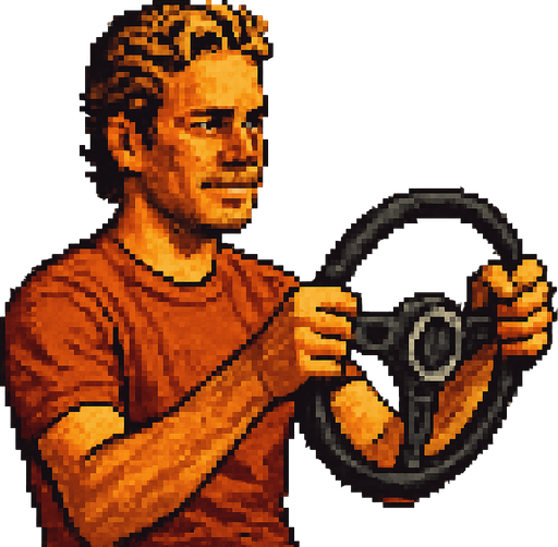 Paul walker holding a car wheel as if he's driving. vintage retro 1980 style. 3/4 view. pixelated. 8 bit. Single Game Texture. In-Game asset. 2d. Blank background. High contrast. No shadows.