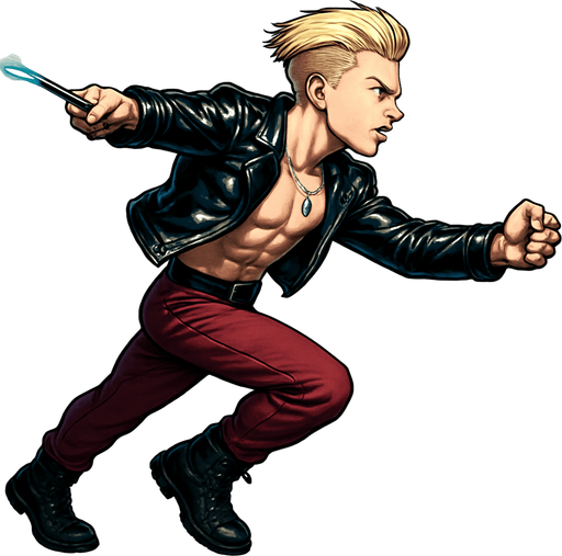 Arm positions & leg positions switched, reversed, Cyberpunk manga, side profile view running animation frames, shiny black leather biker jacket longsleeves shirtless thin abs pecs necklaces gemstone tipped wand, action shot wand pointed straight in front arm extended wand casting spell fierce fashion pose animation blonde undercut pompadour, vampire fangs, wine red joggers, combat boots, Background removed, "Full-body character, entirely in frame, no cropping of face, head, or feet" "Complete character visible, from head to toe, fully centered in the image" "Entire character, including face and boots, fully within the frame" Character fully contained within a square frame, no edges cut off,