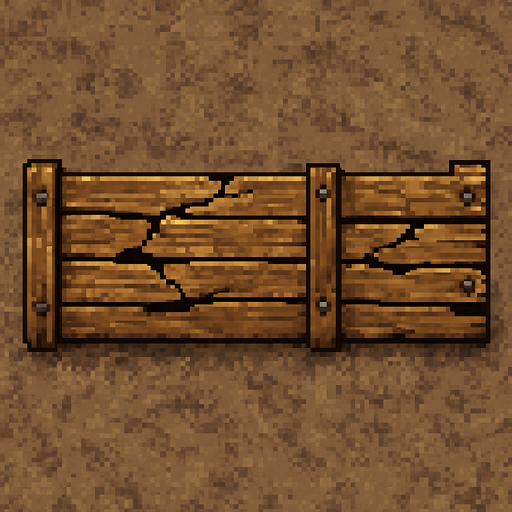 a realistic 16 bit top view cracked wooden barrier from a warzone, with the size of 600 x 100. Seen from above.
In-Game asset.  2d.  High contrast.  No shadows