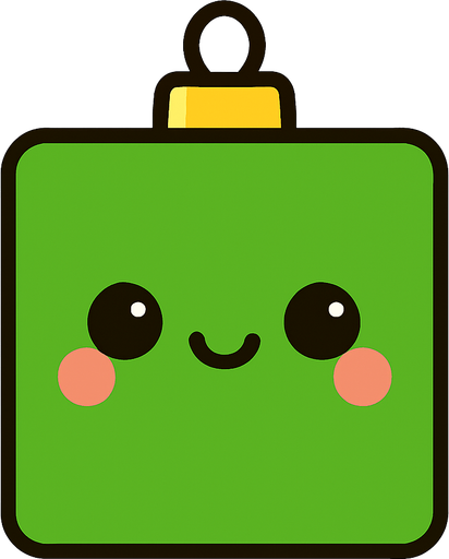 Perfectly square bright green Christmas decoration with cute happy face. Cartoon style. Cute art style. Simple vector style. No Shadows