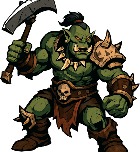 A full-body stylized illustration of an orc warrior, standing in a dynamic pose. The orc has green or grayish skin, muscular build, tusks, and tribal armor made of bone, leather, and metal. The style is fantasy-themed with bold lines, exaggerated proportions, and detailed textures. The lighting is dramatic, emphasizing the orc’s strength and menace. Background is minimal or softly blurred to keep focus on the character. Suitable for fantasy RPG game concept art..
In-Game asset.  2d.  High contrast.  No shadows