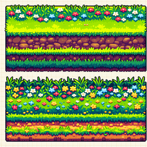 Horizontal ground sprite sheet. Grass and dirt. Sideways. Flowers
Single Game Texture.  In-Game asset.  2d.  Blank background.  High contrast.  No shadows