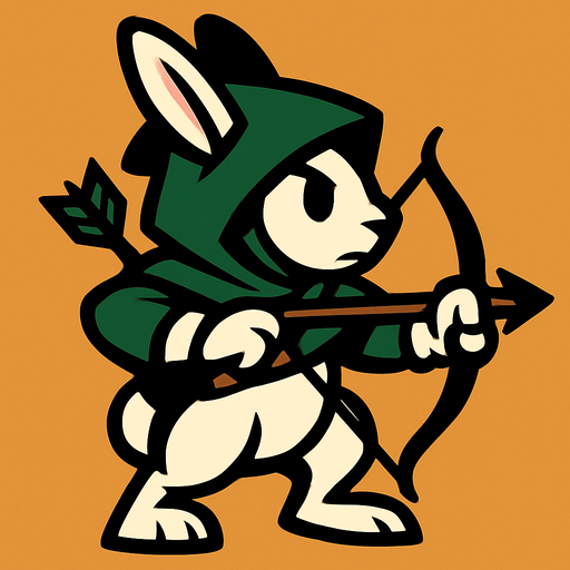 conejo con archo y flecha mirando hacia la derecha y capucha tiene.
In-Game asset.  2d.  High contrast.  No shadows