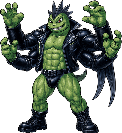 man Cyberpunk manga, four armed monster hunk, shiny black leather biker jacket longsleeves shirtless muscles, jockstrap combat boots, Background removed, "Full-body character, entirely in frame, no cropping of face, head, or feet" "Complete character visible, from head to toe, fully centered in the image" "Entire character, including face and boots, fully within the frame" Character fully contained within a square frame, no edges cut off