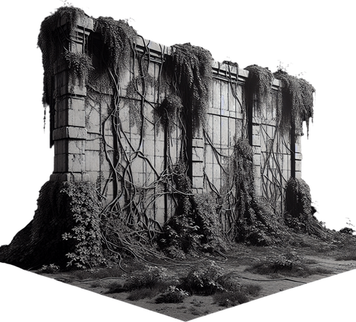A barier wall with vines on it.
Single Game Texture.  In-Game asset.  2d.  Blank background.  High contrast.  No shadows