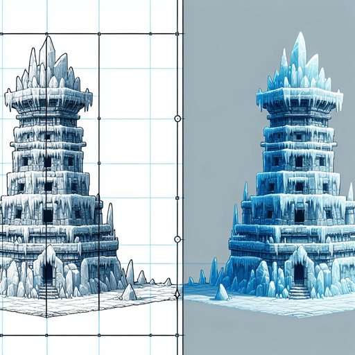 A turret tower built of iceblocks. Front view perspective. Single Game Texture. In-Game asset. 2d. Blank background. High contrast. No shadows.