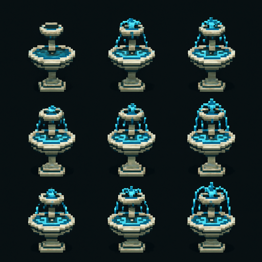 A sprite sheet for a small standing tiered fountain. Sprites for water animation and one with no water. Retro pixel art..
In-Game asset.  2d.  High contrast.  No shadows