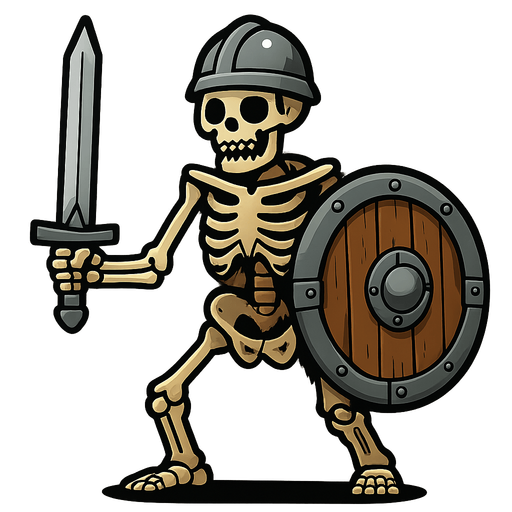Skeleton with Iron sword, iron helmet and a Reinforced wooden shield.
In-Game asset.  2d.  High contrast.  No shadows