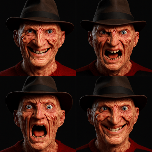 3D Scary and funny face meme Freddy Krueger. different faces look. face only
In-Game asset.  3D.  High contrast.  No shadows. face only