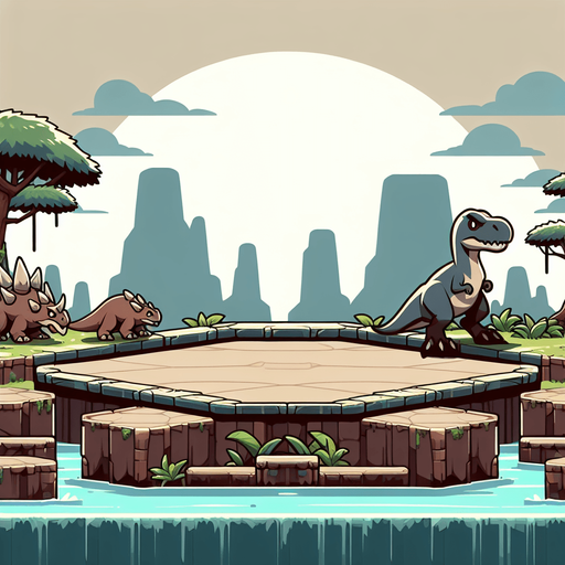 2d platfrom game background with a platform in the middle of the screen all wide resembling a jurassic world.
Single Game Texture.  In-Game asset.  2d.  Blank background.  High contrast.  No shadows