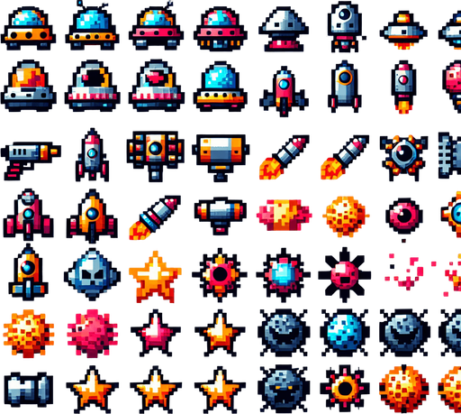 Spritesheet, modern, mobile game, cute, fun. Colorful. Including spaceships, UFOs, Guns, Boosters, Powerups, Asteroids, Boss...
In-Game asset. 2d. Blank background. High contrast. No shadows.