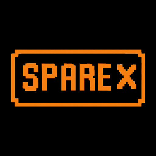 Black button with an orange outline that says "Spare" and has a X icon, pixel art.
In-Game asset.  2d.  High contrast.  No shadows