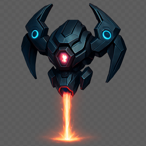 Dron alienígena enemigo, diseño futurista flotante, formas geométricas modernas, cañón central disparando energía hacia abajo, iluminación realista, fondo transparente, sin fondo, arte 2D para videojuego.
In-Game asset.  2d.  High contrast
