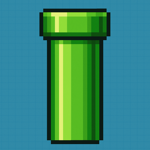 A pixel art green pipe bottom section from a side view, designed for a 2D side-scrolling game like Flappy Bird. The pipe is vertically stretched and has a bright green, smooth surface with subtle shading to show depth. The pipe should be closed at the bottom and open at the top, and it should look metallic and cartoonish, consistent with a retro game style..
In-Game asset.  2d.  High contrast.  No shadows. pixel art. side view. retro style. bright colors
