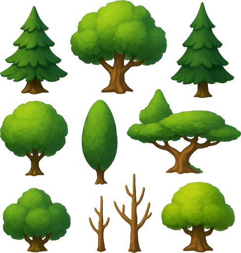 Pack of different tree, painted 3D tree, without black lines around it!
In-Game asset.  High contrast.  No shadows. 3D