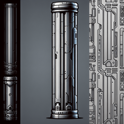 vertical scifi metal canon tube.
Single Game Texture.  In-Game asset.  2d.  Blank background.  High contrast.  No shadows