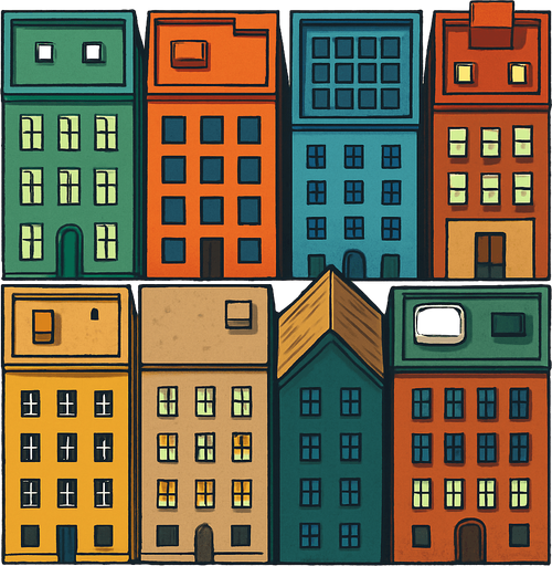 buildings seen from the side of the road from a bird's eye view, but do not draw the road, the buildings should be vertical and unlimited from above.
In-Game asset.  2d.  High contrast.  No shadows