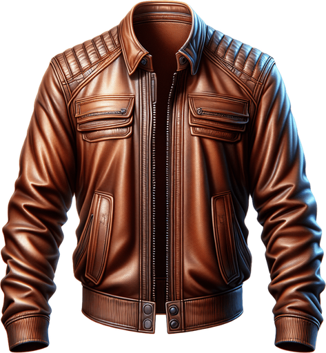 brown leather jacket.
Single Game Texture.  In-Game asset.  2d.  Blank background.  High contrast.  No shadows