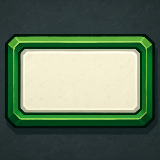 Rectangular button with size 200x100, green outline, white interior, with light details.
In-Game asset.  2d.  High contrast