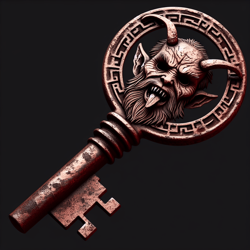 eerie creepy old rusty key with krampus face embossed on it png.
Single Game Texture. In-Game asset. 2d. Blank background. High contrast. No shadows.