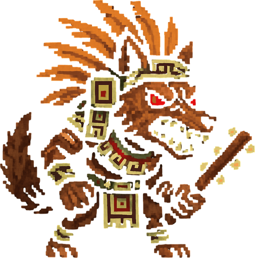 Genérame una Zorro Cangrejero guerrero azteca con eso patrones, estilo pixelar, con una apariencia maligna, ojos rojos, rabioso. Unidad cuerpo a cuerpo. Animal.
In-Game asset.  2d.  High contrast.  No shadows