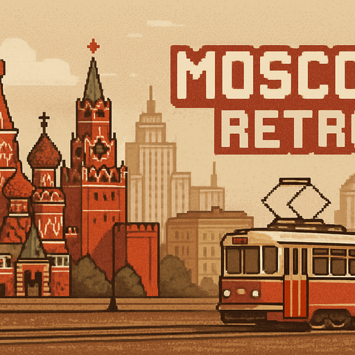A horizontal banner with a wide aspect ratio and minimal height, designed for use as a website or app header. The style is retro pixel art, inspired by 1980s aesthetics. The scene showcases iconic elements of Moscow, such as Saint Basil's Cathedral, Soviet-era buildings, and vintage trams, all rendered in colorful pixel art. The color palette should include muted reds, browns, and creams to evoke nostalgia. Include the text “Moscow Retro” in bold, pixel-style font, seamlessly integrated into the scene. The design should be panoramic, with clear left-to-right flow and plenty of horizontal detail, while keeping vertical elements minimal to preserve the banner’s low height..
In-Game asset.  2d.  High contrast.  No shadows
