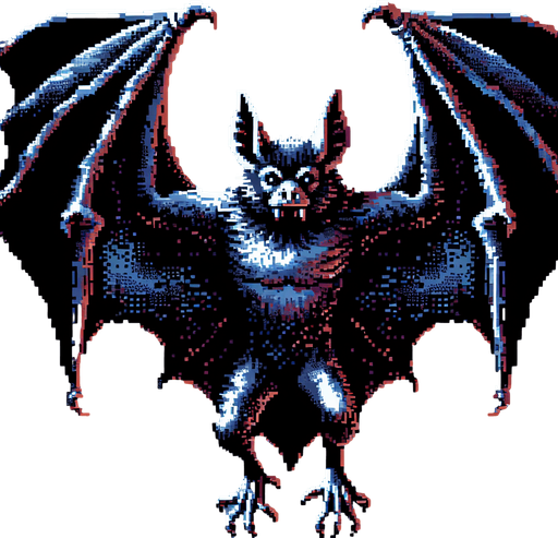 pixelart vampire bat.
Single Game Texture. In-Game asset. 2d. Blank background. High contrast. No shadows.