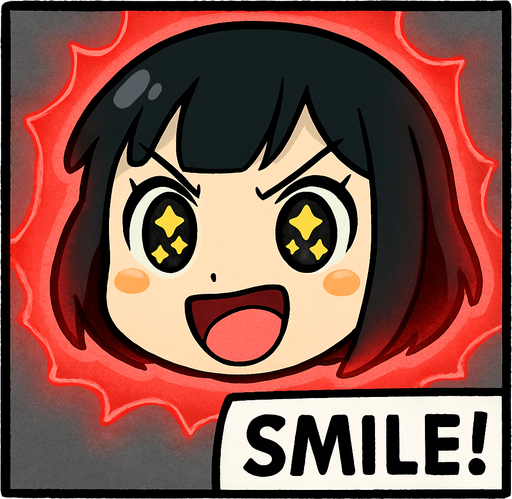 Haz una animación en la que solo se vea su cara recortada, un aura de energía roja rodeándola, y que aparezca como una viñeta que demuestre que está a punto de hacer su acción definitiva. Que escriba la palabra SMILE! abajo a la derecha. La imagen debe tener un fondo color gris