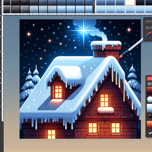 close up of a Snow covered roof, Winter scene, star lit night sky, brick chimbly on right hand side, Single Game Texture. In-Game asset. 2d. Blank background. High contrast. No shadows.