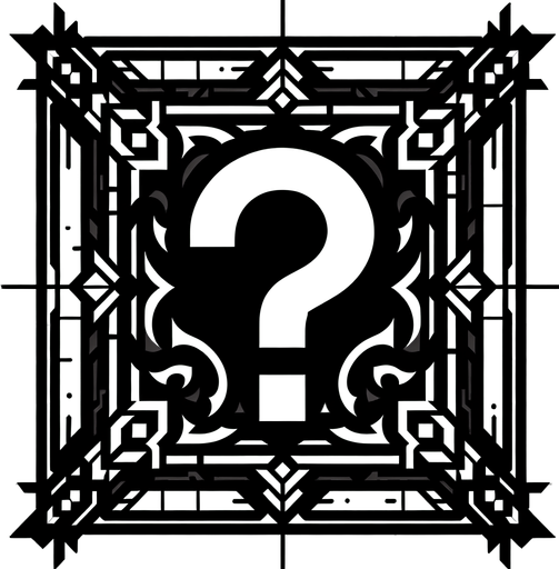 black gothic frame with a question mark inside silhouette.
Single Game Texture. In-Game asset. 2d. Blank background. High contrast. No shadows.