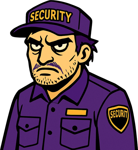 A 30-something security guard in a purple uniform, looking tired and vengeful..
In-Game asset.  2d.  High contrast.  No shadows