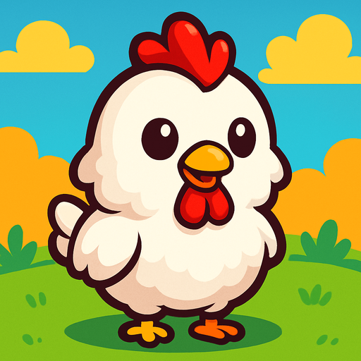 “A cute cartoon-style chicken character designed for a mobile game. White fluffy feathers, red comb and wattle, small yellow beak, round black eyes, tiny orange feet, standing upright with a cheerful expression. Colorful, simple background. High-quality digital illustration, ideal for a fun kids game.”.
In-Game asset.  2d.  High contrast.  No shadows. cartoon style