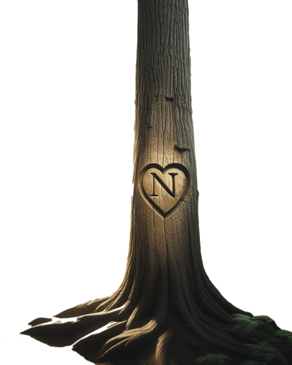 Photorealistic landscape in the New York central park. 
Show the forest and on the trunk of the very first tree, a heart should be carved into it and the letter N in the heart.