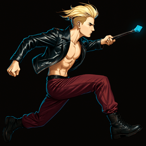 Swishy graceful man Cyberpunk manga, wand pointed straight ahead, arm extended, jump attack, side profile view attack animation, shiny black leather biker jacket longsleeves shirtless Skinny abs blonde pompadour guy, action shot wine red joggers combat boots, Background removed, "Full-body character, entirely in frame, no cropping of face, head, or feet" "Complete character visible, from head to toe, fully centered in the image" "Entire character, including face and boots, fully within the frame" Character fully contained within a square frame, no edges cut off fashion model running pose