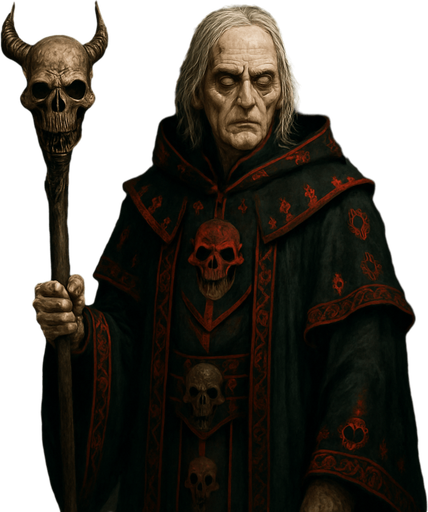 A haunted warlock in ceremonial black and crimson robes embroidered with skull patterns. Male, 56 years old, gaunt and tall, with shoulder-length white hair, sunken dark eyes glowing faint green, and sickly pale skin. He holds a staff topped with a demonic skull. Floating behind him are spectral chains and ghostly runes. The background is a cursed crypt. Realistic, highly detailed, dark arcane ambiance. realistic.
In-Game asset.  2d.  High contrast.  No shadows